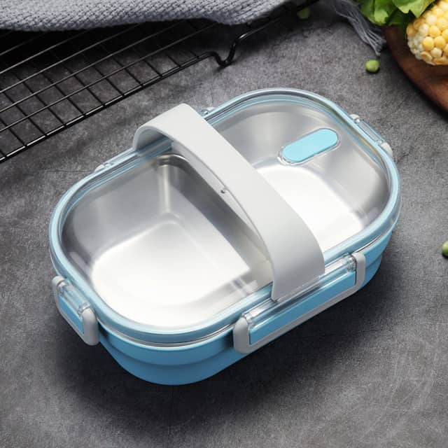 lunch box bleue double compartiment avec couvercle transparent 2