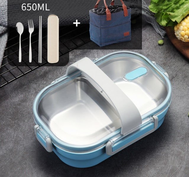 lunch box bleue double compartiment avec couvercle transparent 3