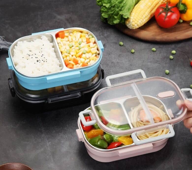 lunch box bleue double compartiment avec couvercle transparent 4