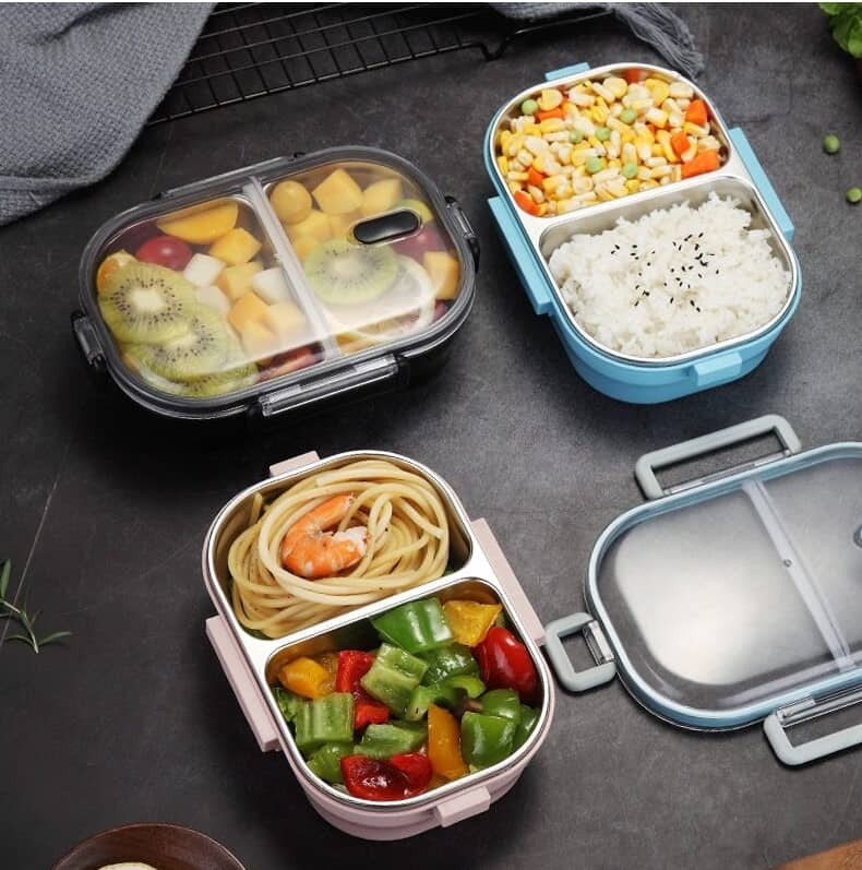 lunch box bleue double compartiment avec couvercle transparent 5