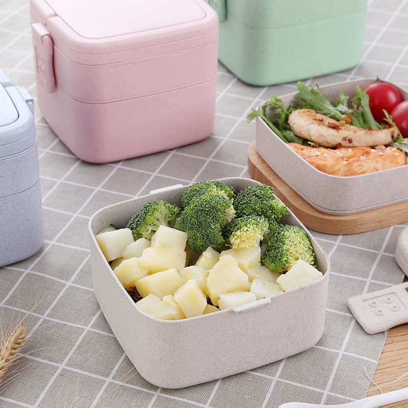 lunch box en fibre de ble double etage avec poignee rose interieur