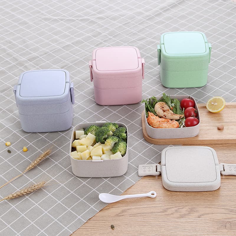 lunch box en fibre de ble double etage avec poignee rose presentation 1