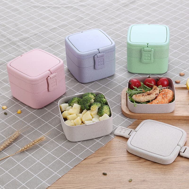 lunch box en fibre de ble double etage avec poignee rose presentation