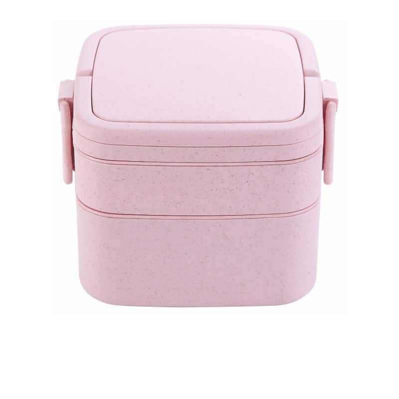 lunch box en fibre de ble double etage avec poignee rose