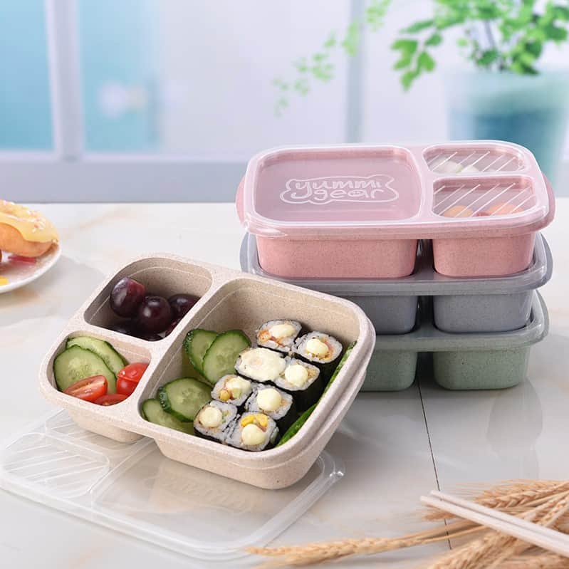 lunch box en fibre de ble verte triple compartiment compatible micro ondes 4