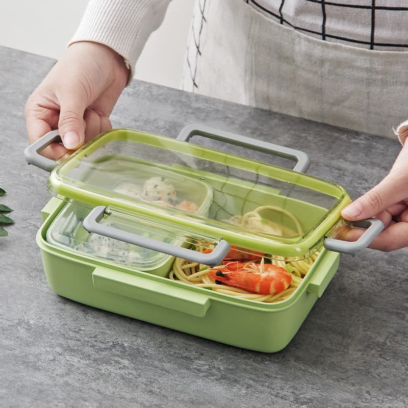 lunch box fibre de bambou triple compartiment avec couvercle transparent vert couvercle