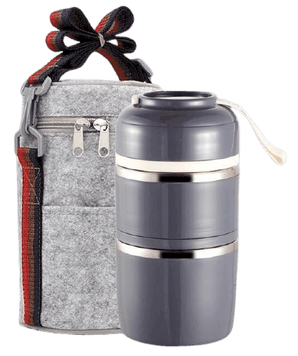 lunch box isotherme inox ronde multi etage grise 2 etages avec sac