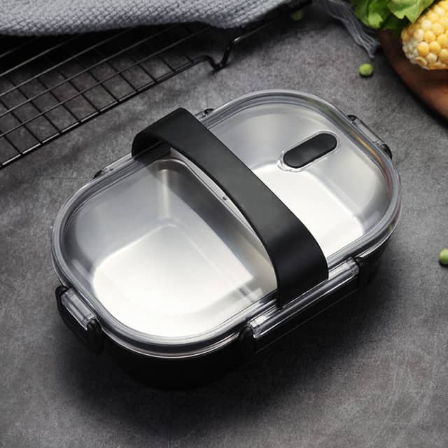 lunch box noire double compartiment avec couvercle transparent 2