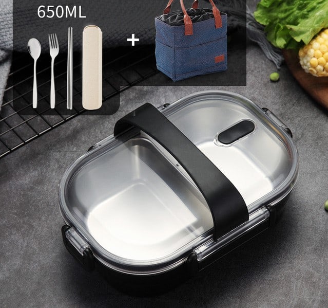 lunch box noire double compartiment avec couvercle transparent 3