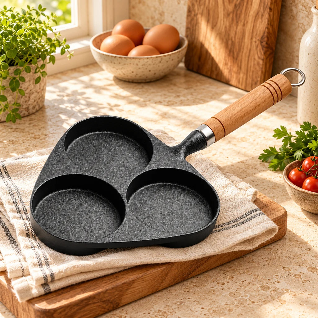 Cast Iron Crepe Pan with Wooden Handle, Nonstick, 3 Holes