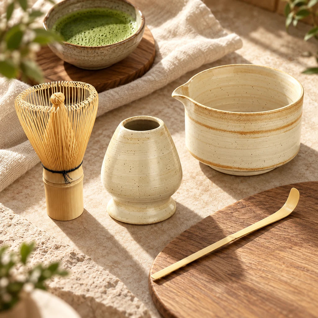 Japanese Bamboo Matcha Set: Whisk, Spoon, 4 Pieces