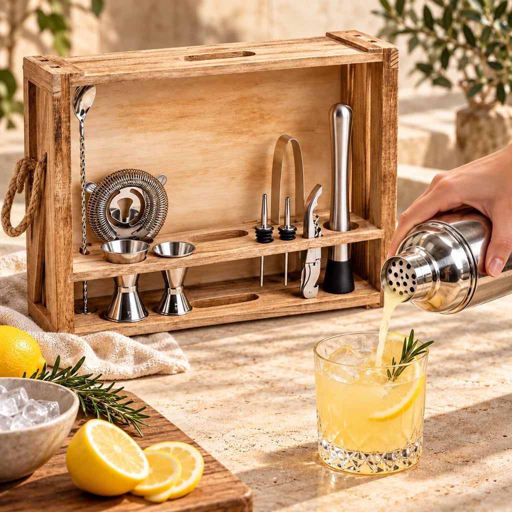 Rustic wood bartender set, cocktail shaker, 11 pieces