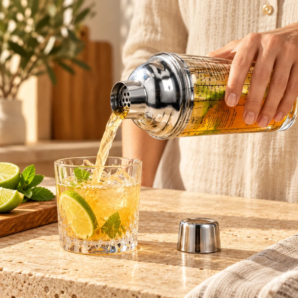 Glass cocktail shaker with scale, stainless steel strainer