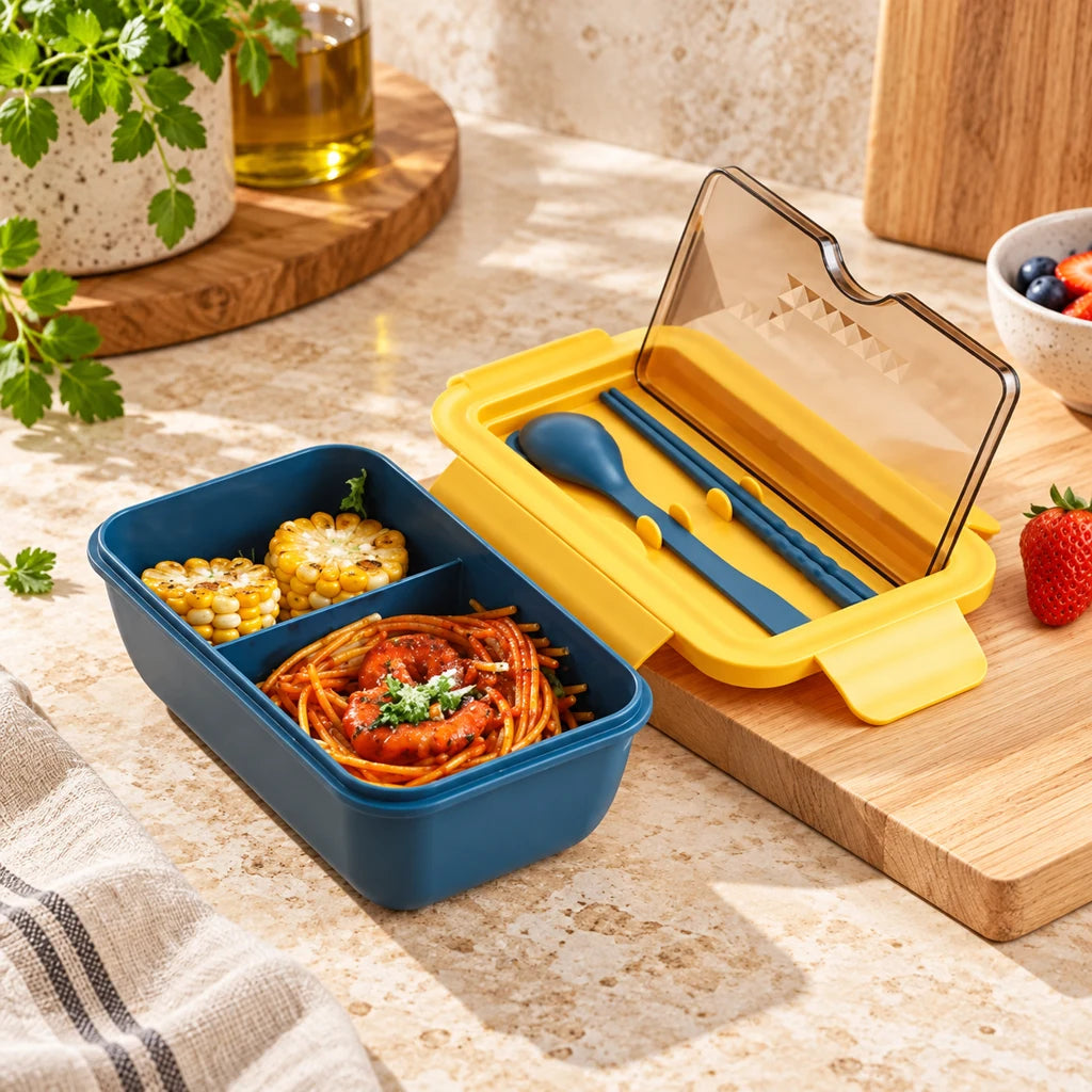 Blue Chinese lunch box, double-compartment, microwave-safe