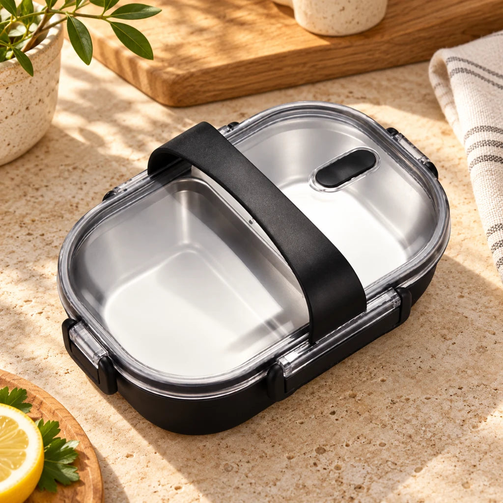 Black Lunch Box with 2 Compartments and Clear Lid
