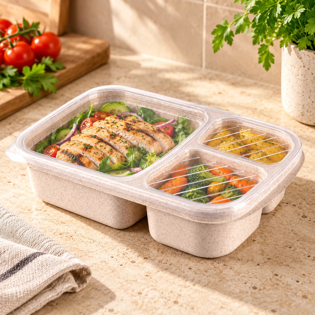 Beige wheat fiber lunch box, triple-compartment, microwave-safe