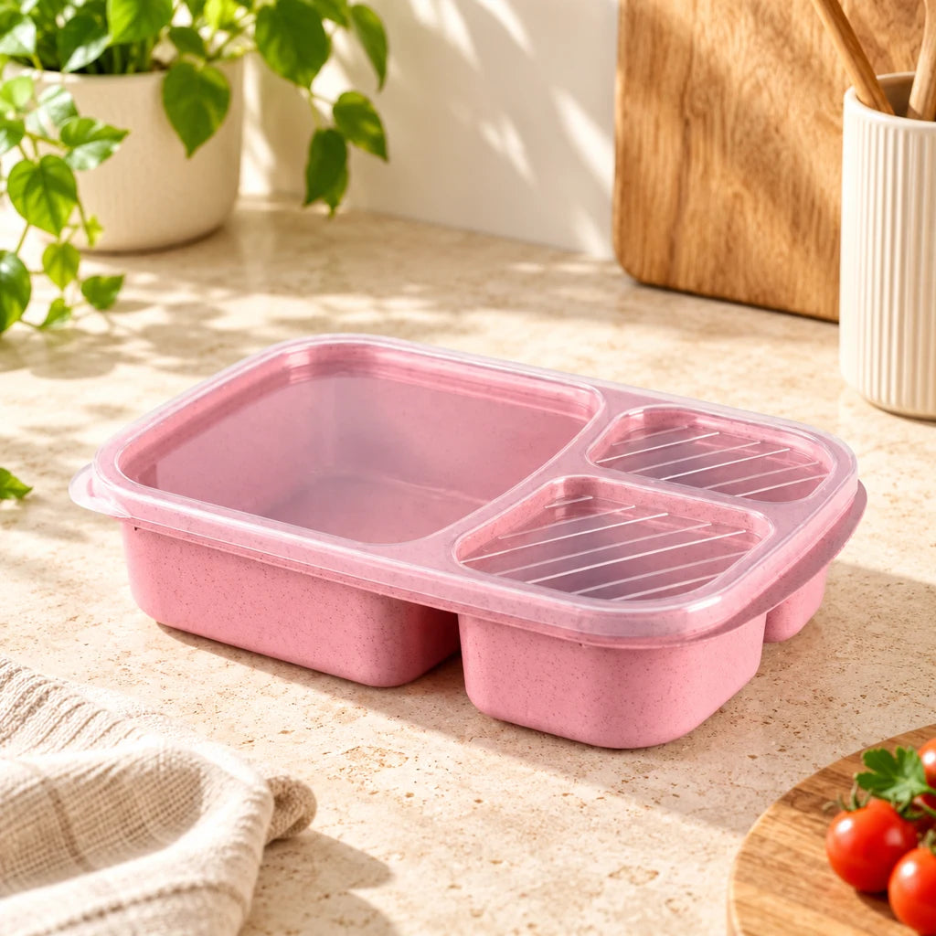 Pink wheat fiber lunch box, triple-compartment, microwave-safe