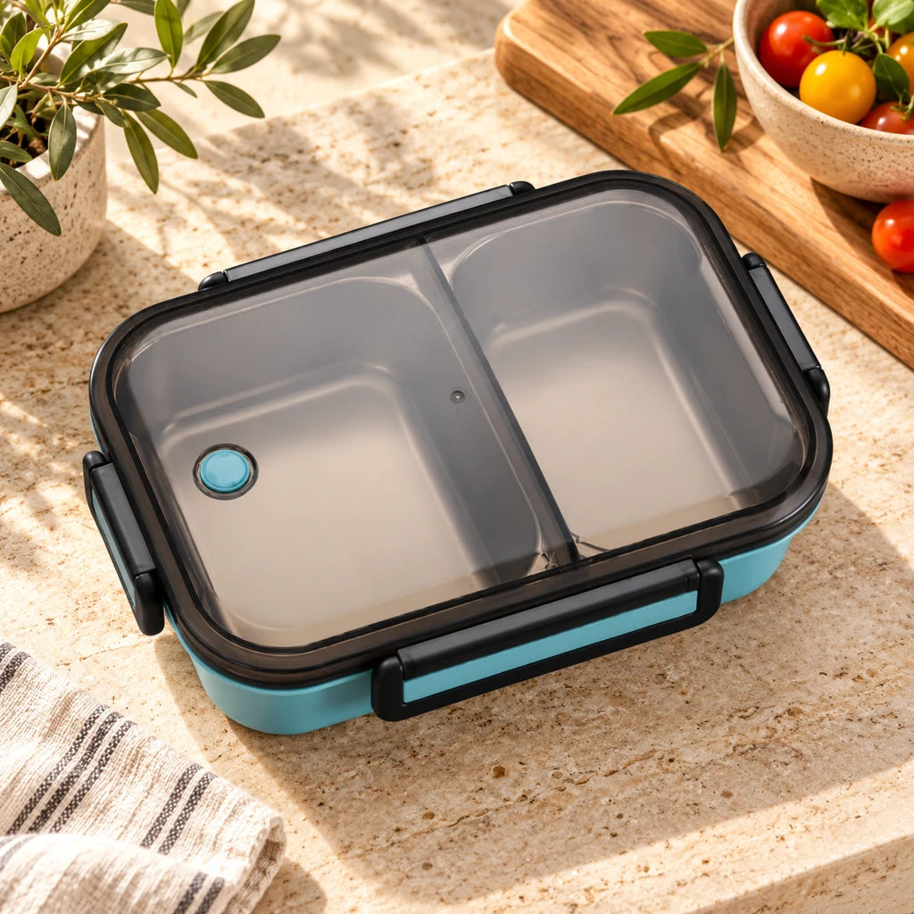 Blue stainless steel lunch box, double-compartment, with clear lid