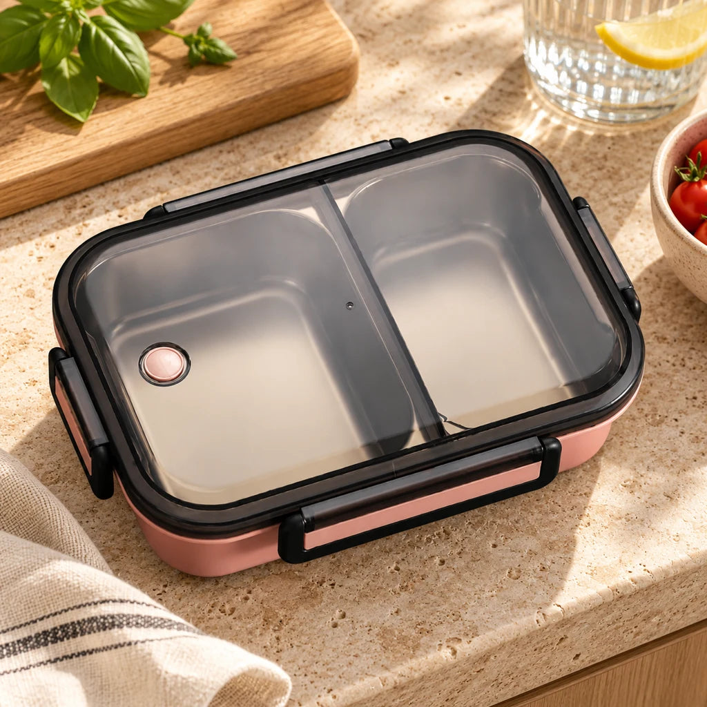 Pink Stainless Steel Lunch Box with 2 Compartments and Clear Lid