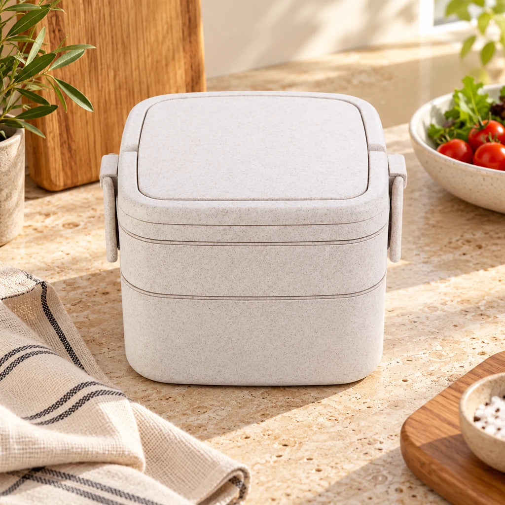 Double-Tier Wheat Fiber Lunch Box with Beige and White Handle
