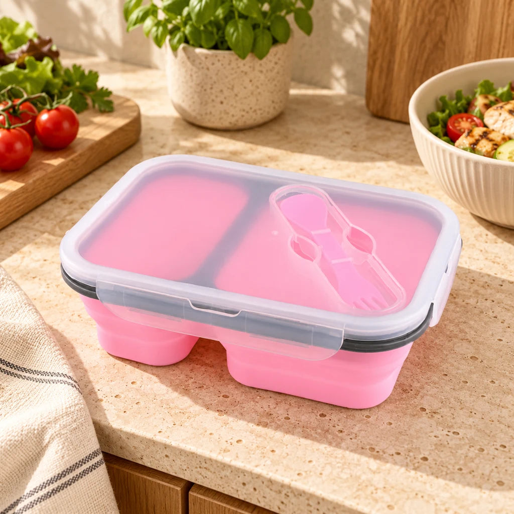 Pink Silicone Double-Compartment Lunch Box