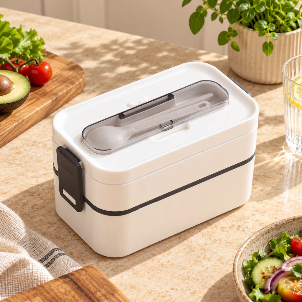 Microwave-Safe Plastic Bento Box 2-Tier White