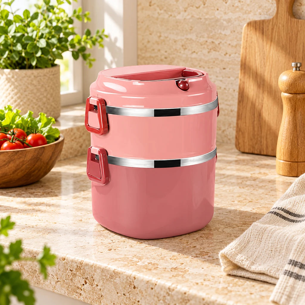 Insulated Multi-Tier Lunch Box Pink Stainless Steel with Handle