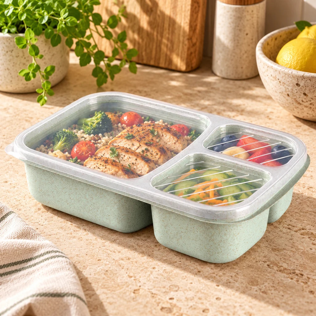 Green wheat fiber lunch box, triple-compartment, microwave-safe