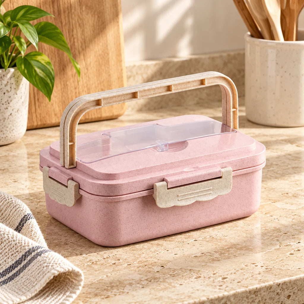 Pink compartmented plastic meal box