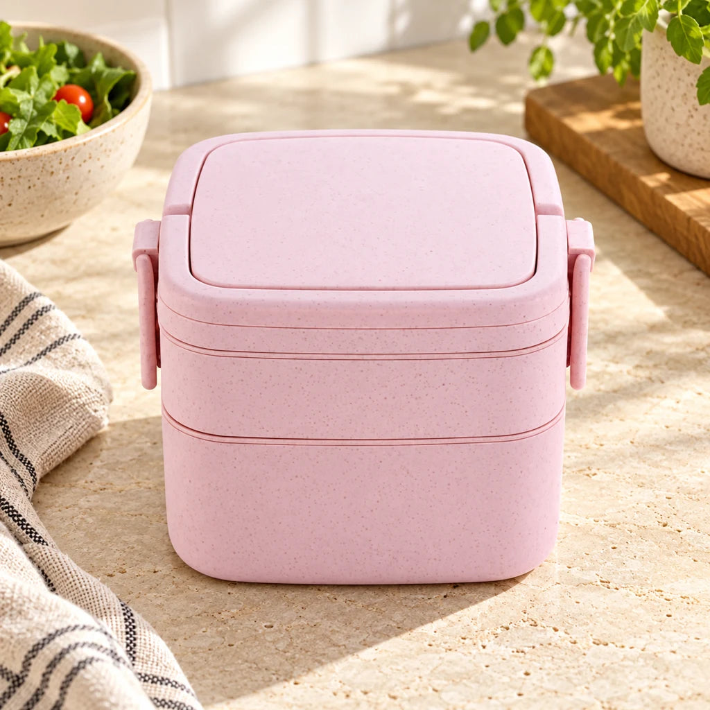 Two-Tier Wheat Fiber Lunch Box with Pink Handle