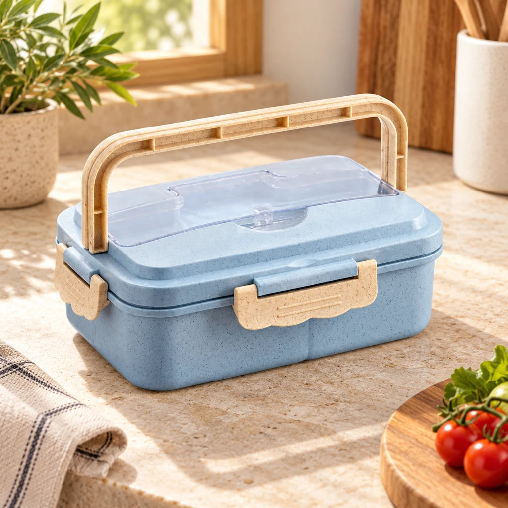 Blue compartmented plastic meal box