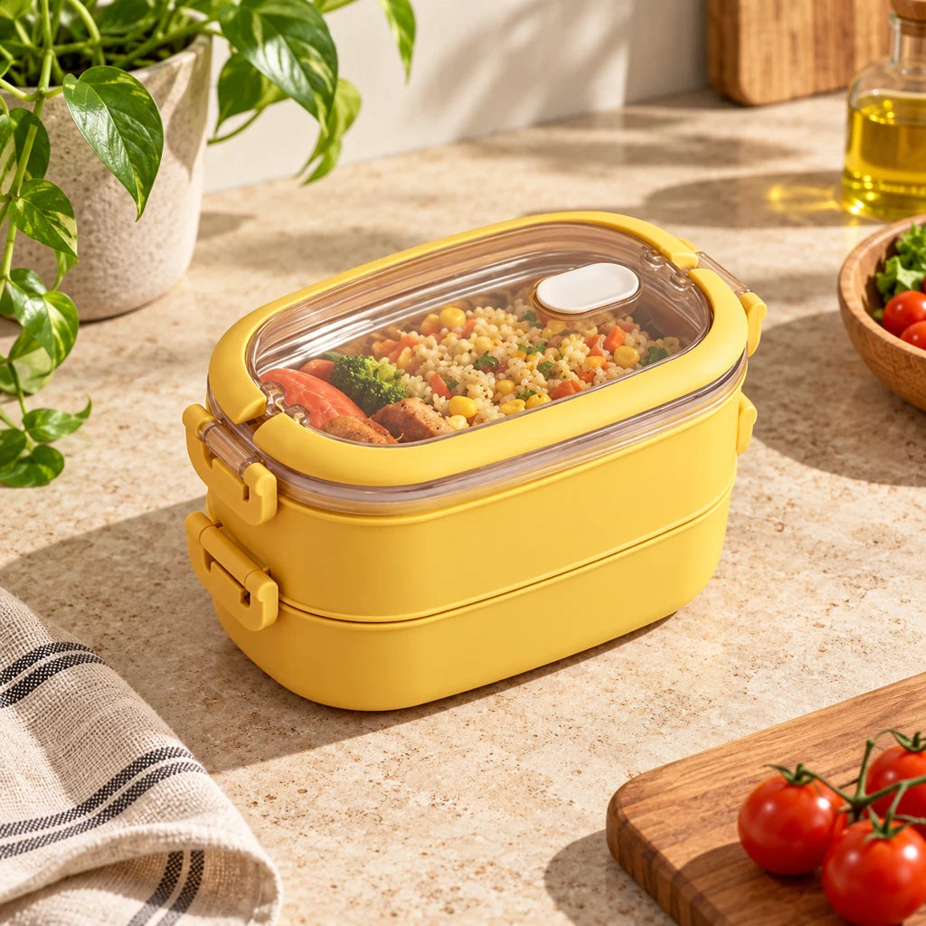 Yellow 2-Tier Insulated Stainless Steel Lunch Box with Clear Lid