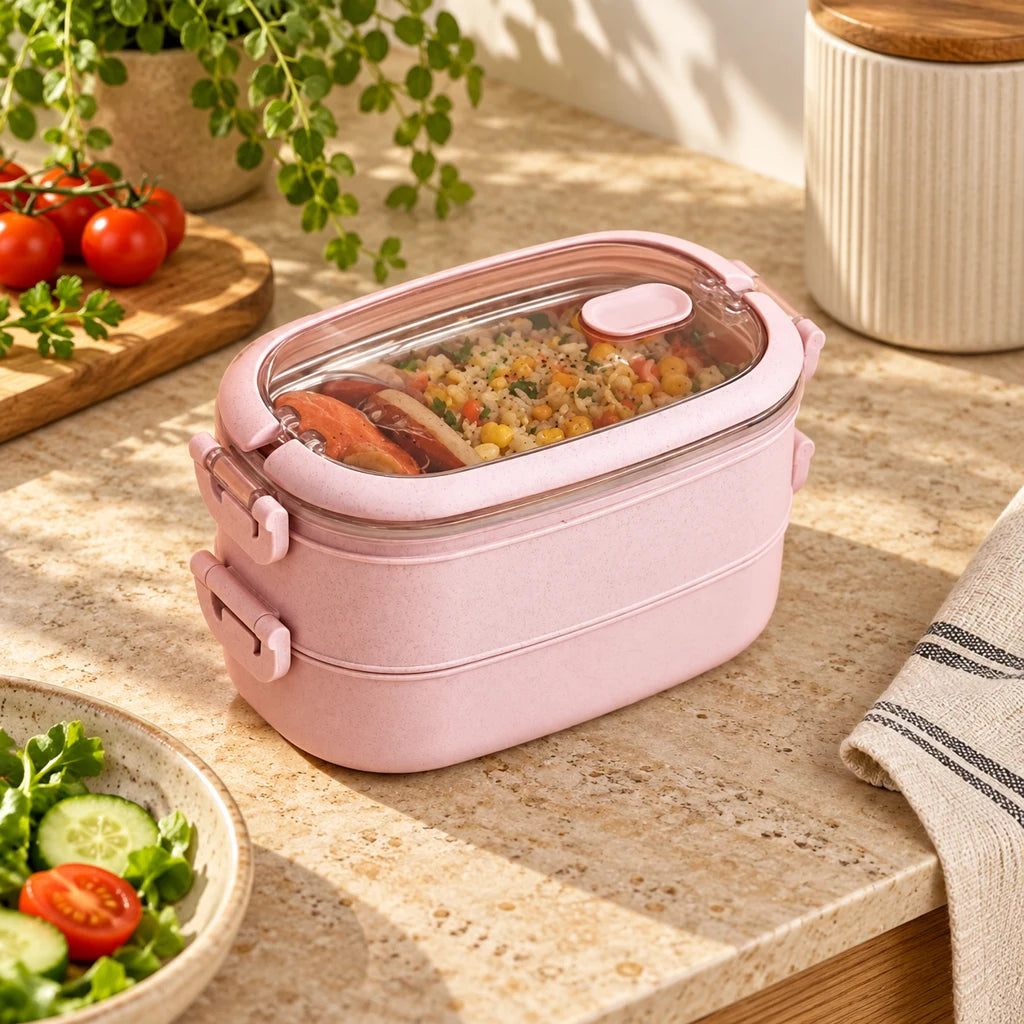 Pink 2-Tier Insulated Stainless Steel Lunch Box with Clear Lid