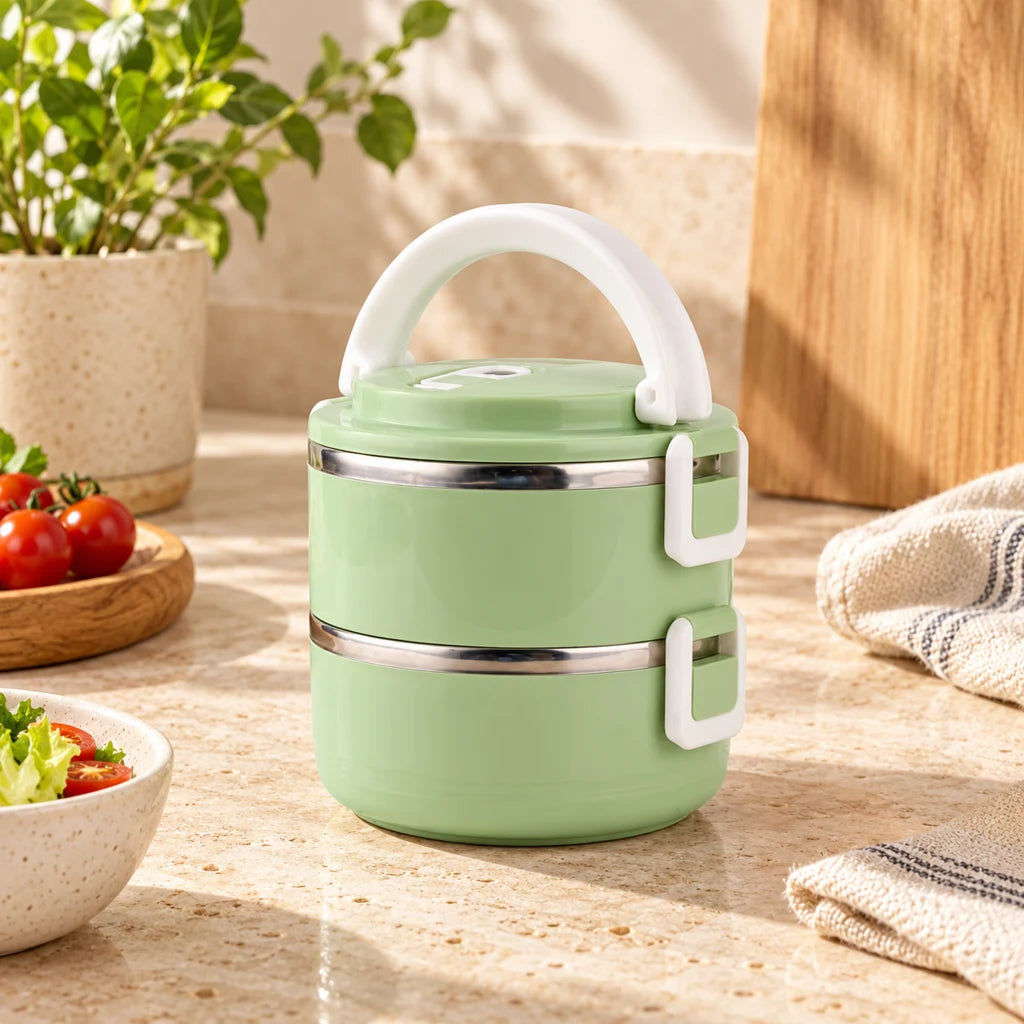 Green Round Insulated Stainless Steel Lunch Box 2 tiers