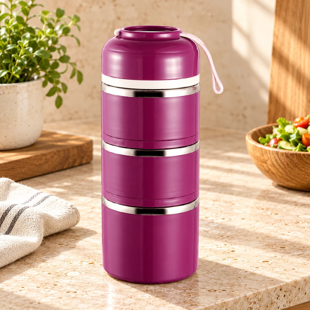 Purple Round Multi-Tier Insulated Stainless Steel Lunch Box
