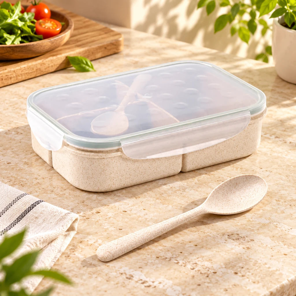 White Triple-Compartment Lunch Box in Wheat Fiber