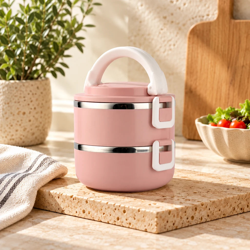 Pink Round 2-Tier Insulated Stainless Steel Lunch Box