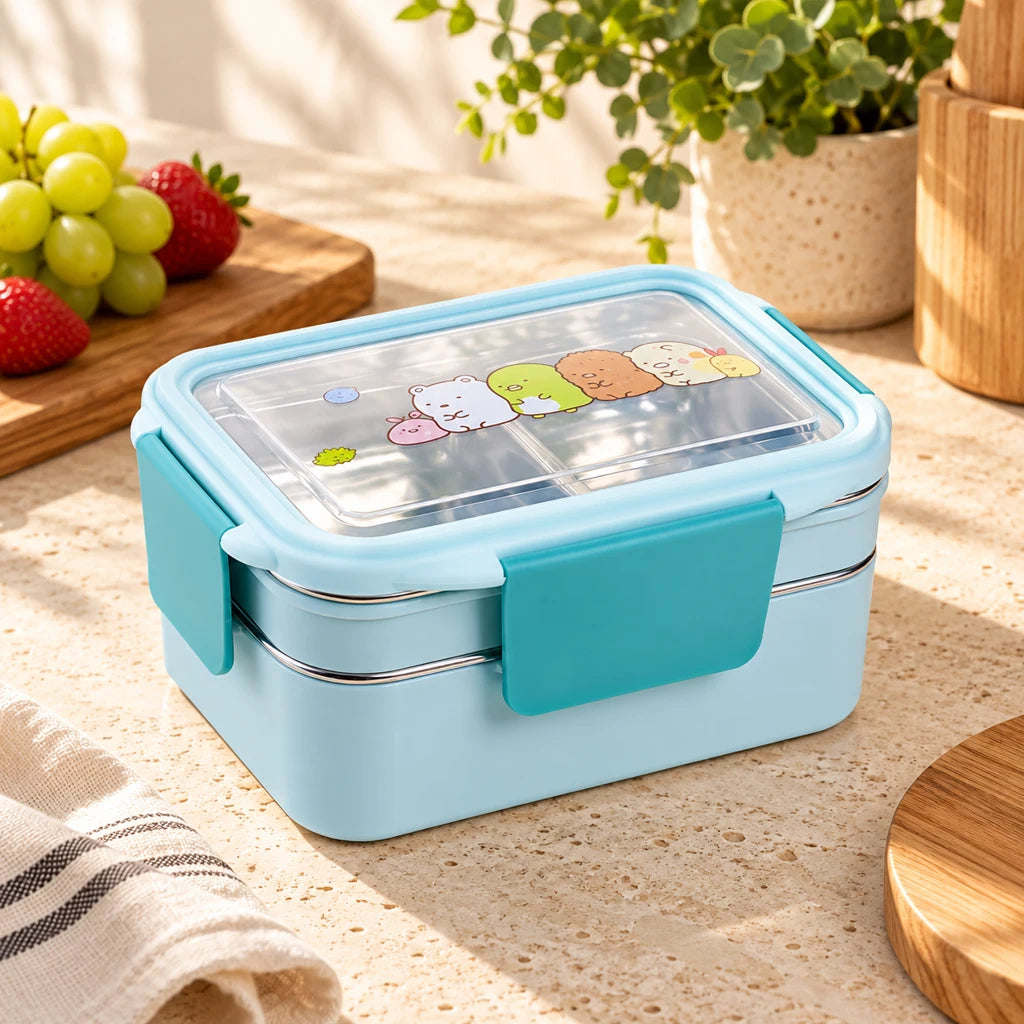 Blue Compartmentalized Stainless Steel Kids Lunch Box Cartoon Patterns