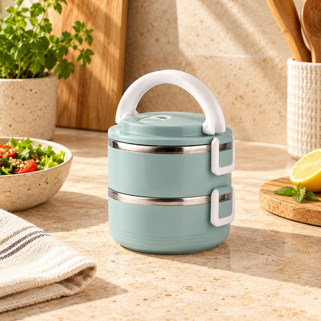 Lunch Box Isotherme Inox Ronde Bleue 2 étages