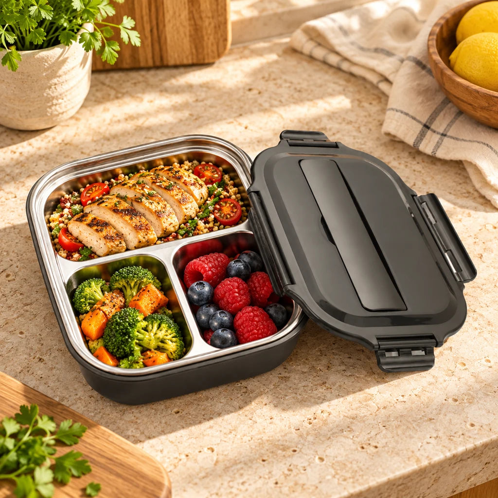 Black Insulated Stainless Steel Compartment Lunch Box