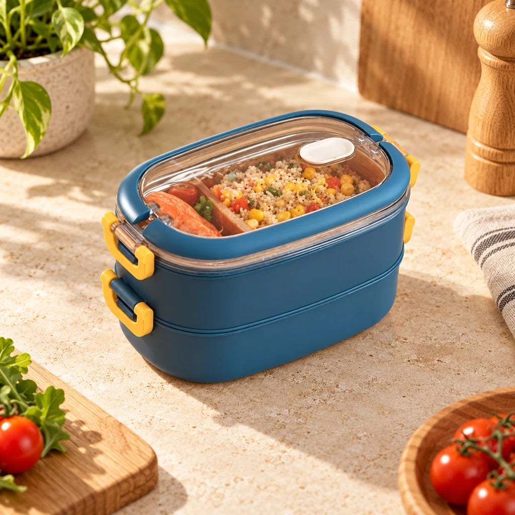 Blue 2-Tier Insulated Stainless Steel Lunch Box with Clear Lid