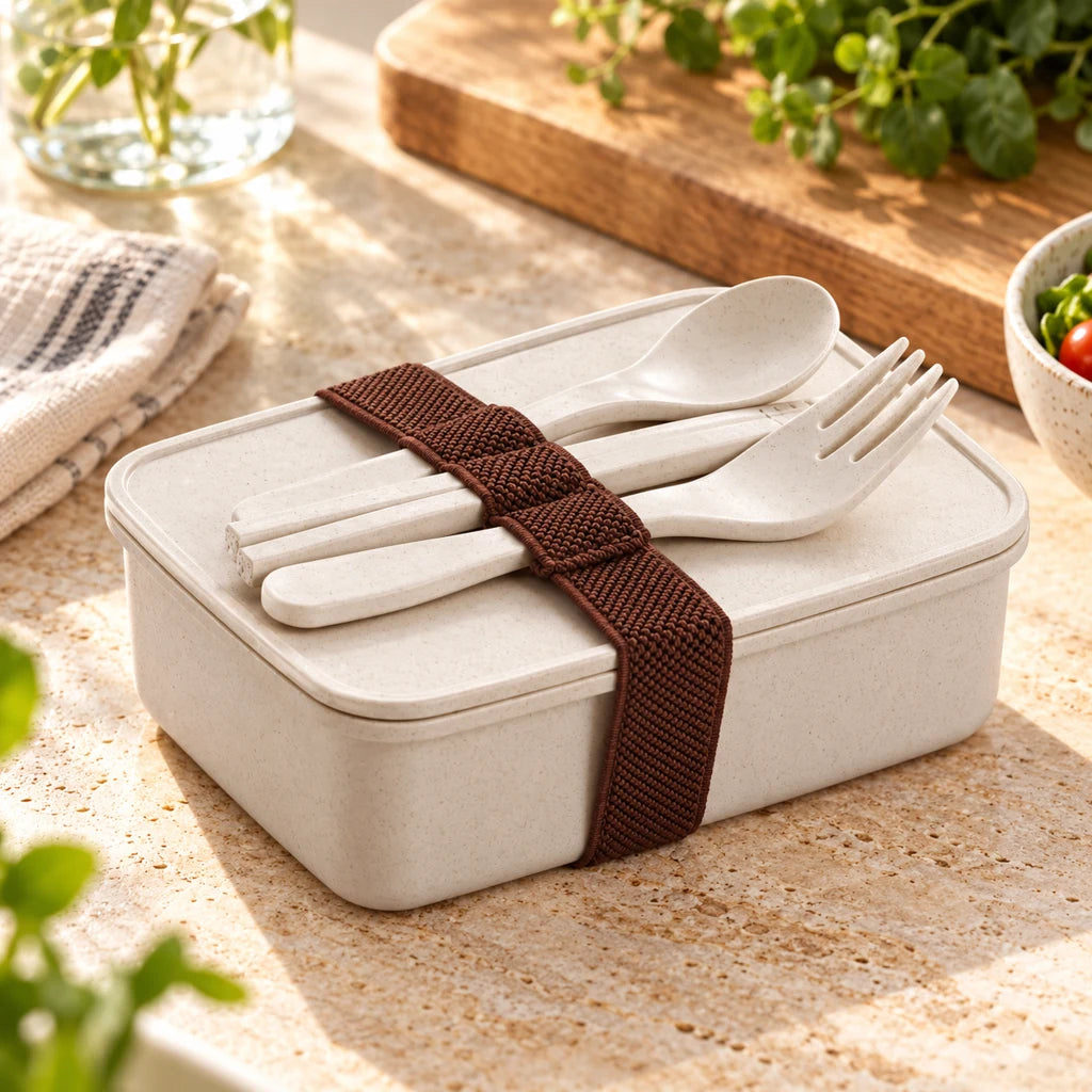 Beige bamboo bento lunch box with utensils