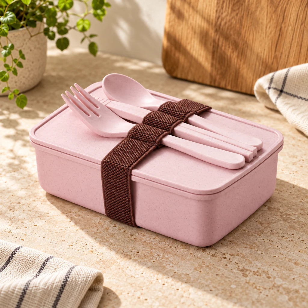 Pink bamboo bento lunch box with utensils