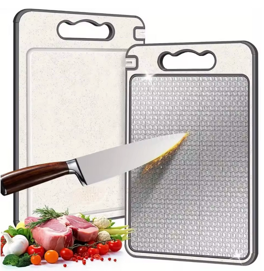 Planche à découper inox double face – bords silicone antidérapants