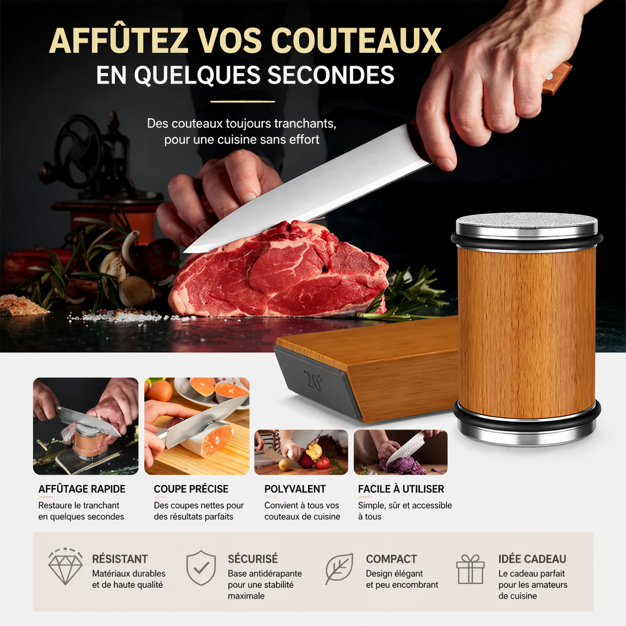 Affûteur de Couteaux Roulant Magnétique – Angle Réglable 15°/20°