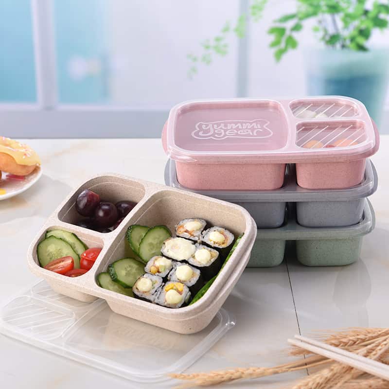 lunch box en fibre de ble rose triple compartiment compatible micro ondes 3