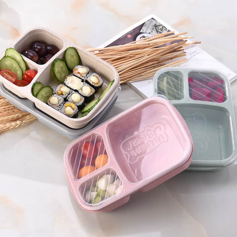 lunch box en fibre de ble rose triple compartiment compatible micro ondes 4