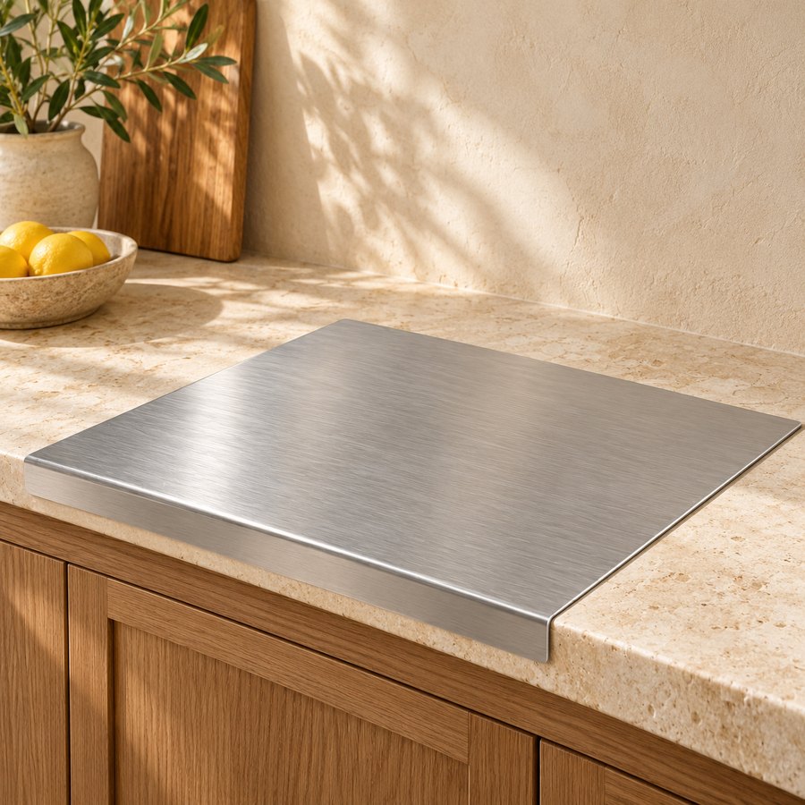 Stainless steel cutting board fitted over the countertop edge
