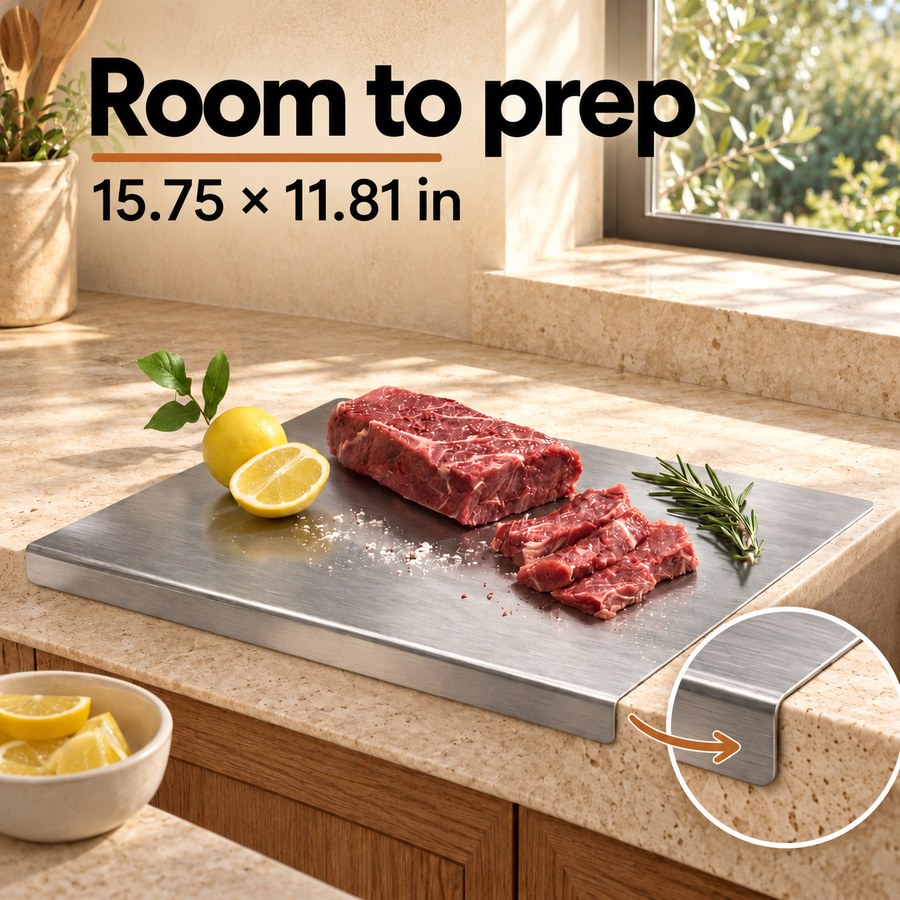 Room to prep 15.75 × 11.81 in — stainless steel cutting board with downward countertop lip