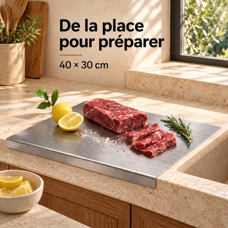 De la place pour préparer 40 × 30 cm — planche inox avec rebord plié contre le plan de travail
